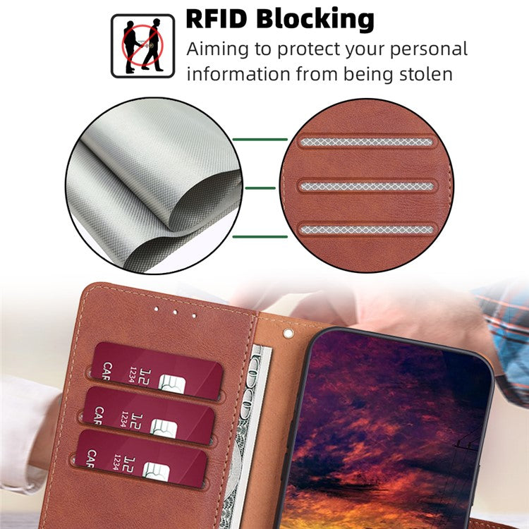 For vivo X90 Pro 5G Cowhide Texture PU Leather Flip Phone Case RFID Blocking Wallet Stand Magnetic Folio Cover - Brown