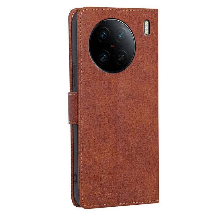 For vivo X90 Pro 5G Cowhide Texture PU Leather Flip Phone Case RFID Blocking Wallet Stand Magnetic Folio Cover - Brown