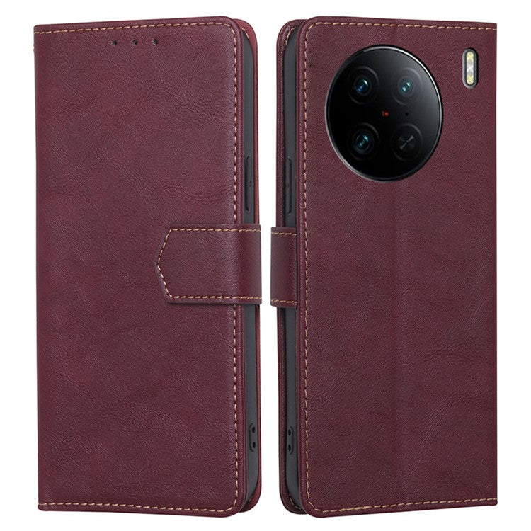 For vivo X90 Pro 5G Cowhide Texture PU Leather Flip Phone Case RFID Blocking Wallet Stand Magnetic Folio Cover - Wine Red