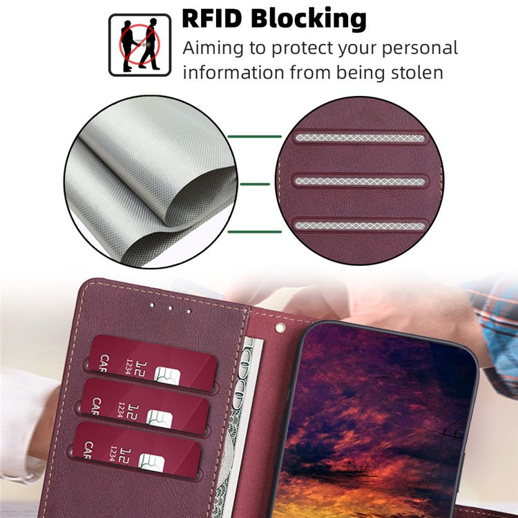 For vivo X90 Pro 5G Cowhide Texture PU Leather Flip Phone Case RFID Blocking Wallet Stand Magnetic Folio Cover - Wine Red