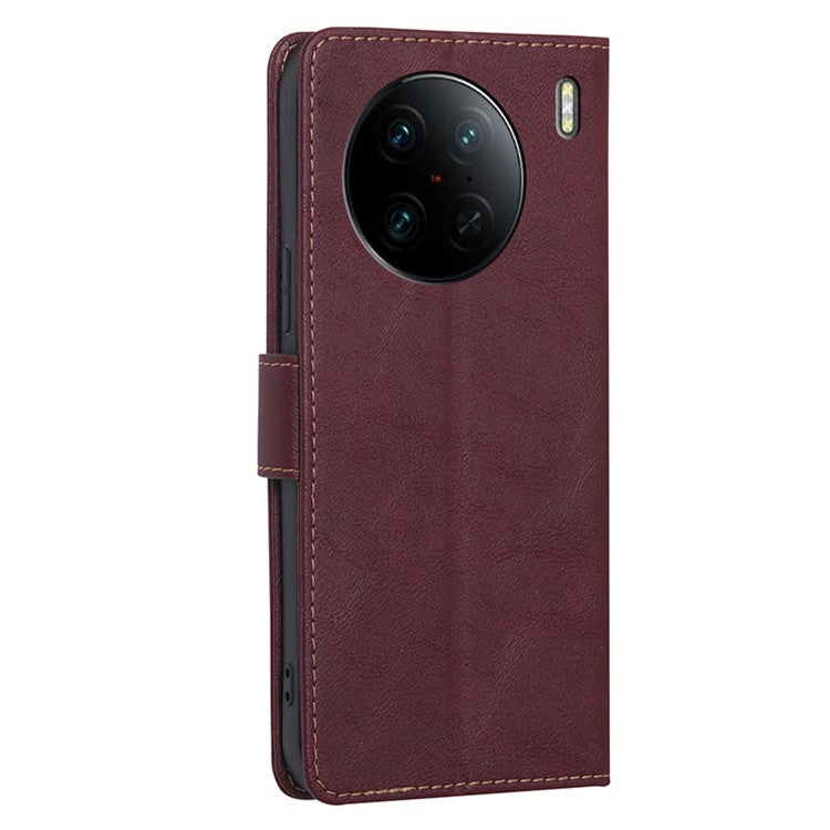 For vivo X90 Pro 5G Cowhide Texture PU Leather Flip Phone Case RFID Blocking Wallet Stand Magnetic Folio Cover - Wine Red