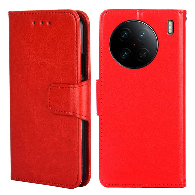 For vivo X90 Pro 5G Shockproof Textured PU Leather Phone Case Stand Wallet Cell Phone Protection Cover - Red