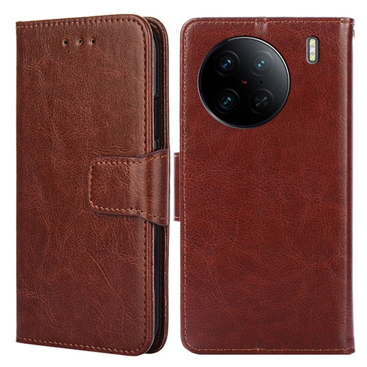 For vivo X90 Pro 5G Shockproof Textured PU Leather Phone Case Stand Wallet Cell Phone Protection Cover - Brown