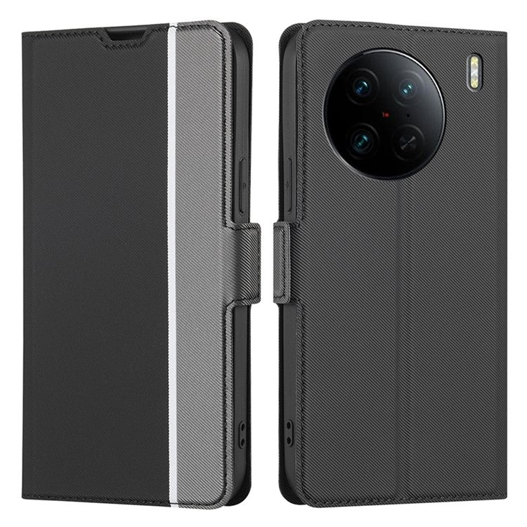 For vivo X90 Pro 5G Shockproof Phone Case PU Leather Dual Magnetic Clasp Twill Texture Stand Card Holder Cover - Black