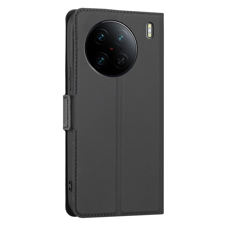 For vivo X90 Pro 5G Shockproof Phone Case PU Leather Dual Magnetic Clasp Twill Texture Stand Card Holder Cover - Black