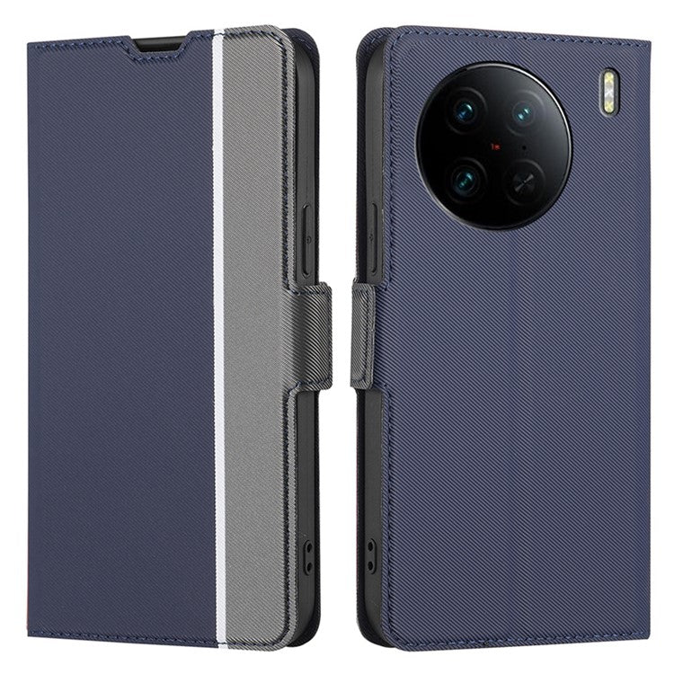 For vivo X90 Pro 5G Shockproof Phone Case PU Leather Dual Magnetic Clasp Twill Texture Stand Card Holder Cover - Blue