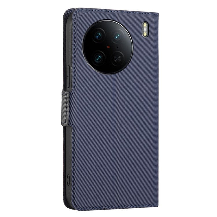 For vivo X90 Pro 5G Shockproof Phone Case PU Leather Dual Magnetic Clasp Twill Texture Stand Card Holder Cover - Blue