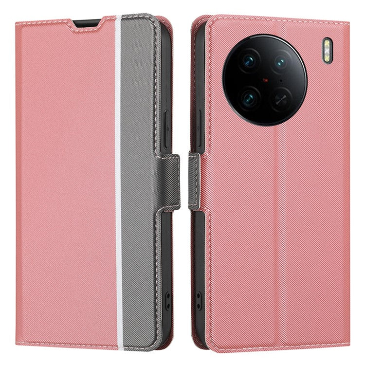 For vivo X90 Pro 5G Shockproof Phone Case PU Leather Dual Magnetic Clasp Twill Texture Stand Card Holder Cover - Pink