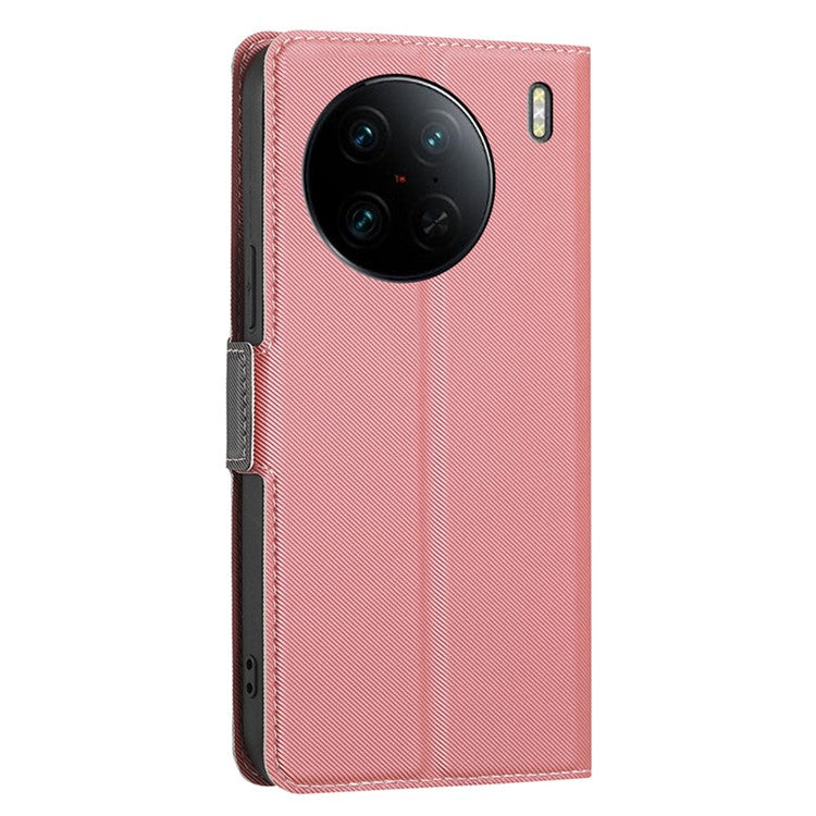 For vivo X90 Pro 5G Shockproof Phone Case PU Leather Dual Magnetic Clasp Twill Texture Stand Card Holder Cover - Pink