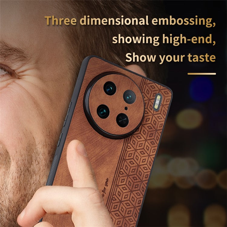 AZNS Anti-wear Phone Case For vivo X90 Pro 5G, Imprinted Pattern PU Leather Coated TPU Phone Back Cover - Brown