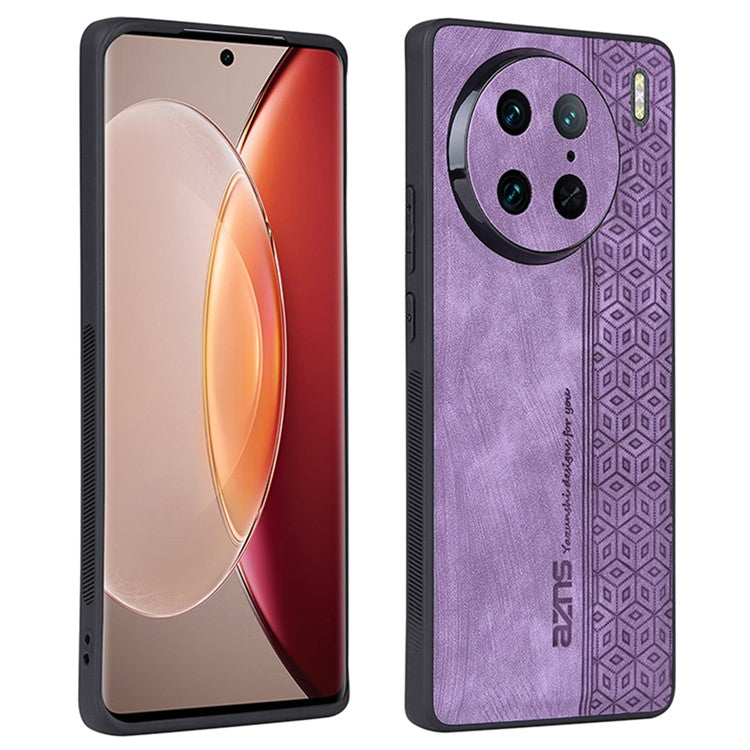 AZNS Anti-wear Phone Case For vivo X90 Pro 5G, Imprinted Pattern PU Leather Coated TPU Phone Back Cover - Purple