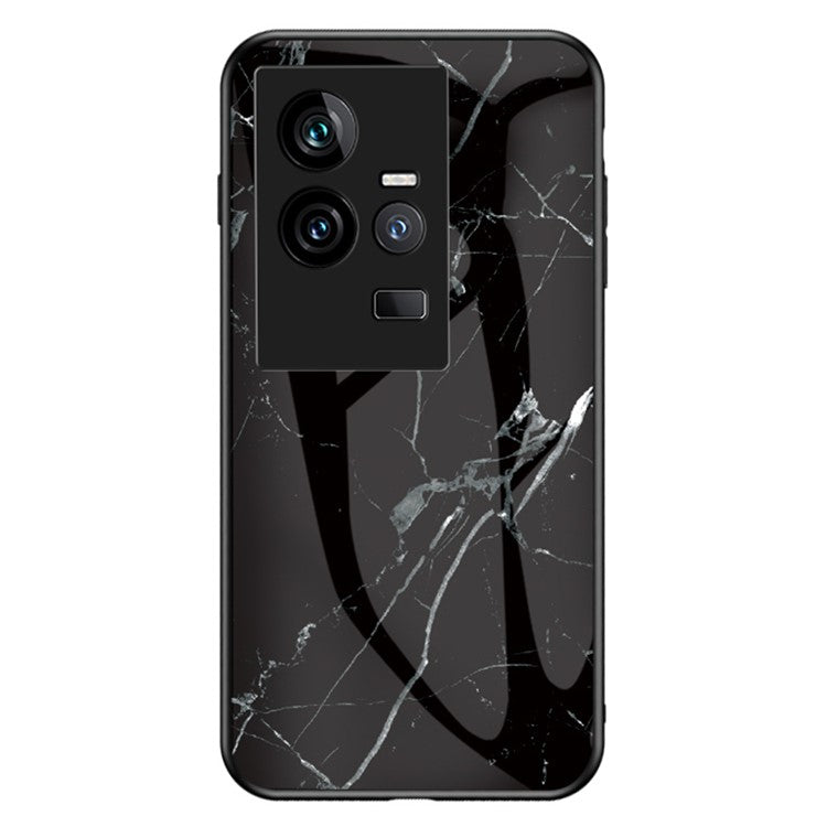 For vivo iQOO 11 5G Anti-scratch Phone Case Marble Pattern Printing Tempered Glass + PC + TPU Protective Hybrid Cover - Black Marble