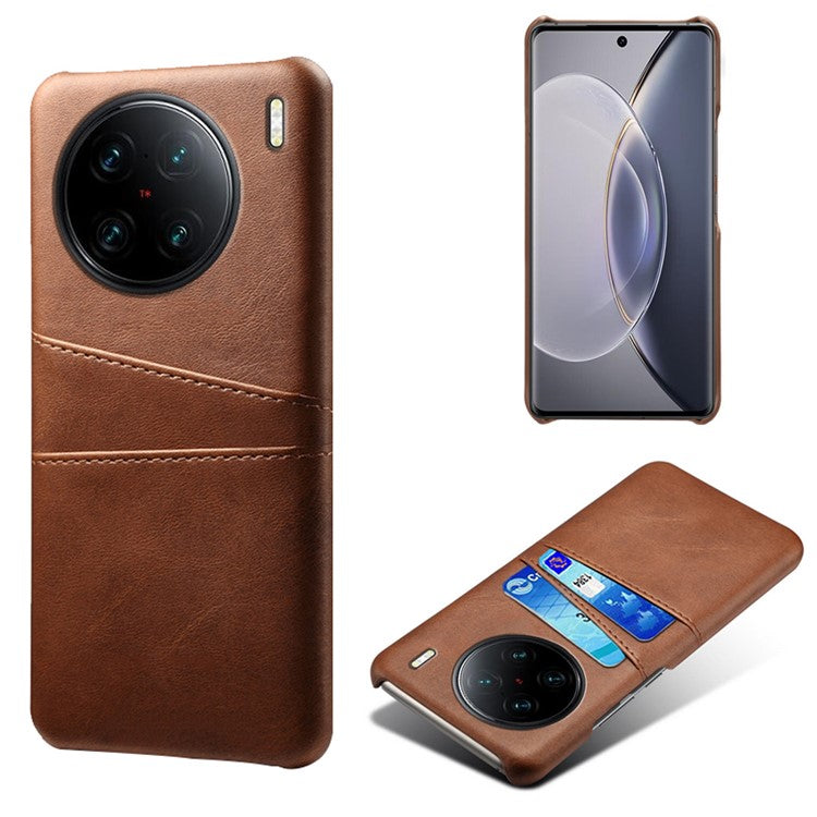 For vivo X90 Pro+ 5G Dual Card Slots Protective Phone Case PU Leather Coated Hard PC Anti-shock Back Cover - Brown