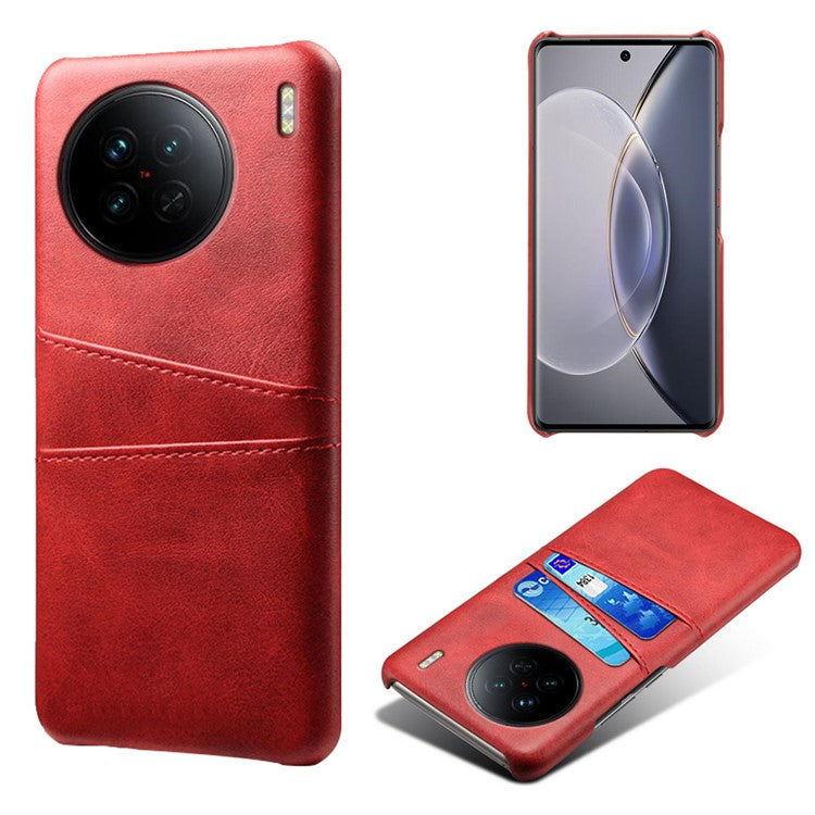 For vivo X90 5G Anti-fall Phone Back Cover Card Holder PU Leather Coated Hard PC Phone Case - Red