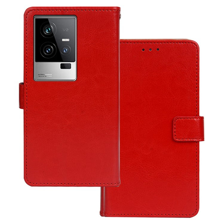 IDEWEI For vivo iQOO 11 5G Crazy Horse Texture PU Leather Case Stand Wallet Folio Flip Shockproof Phone Cover - Red