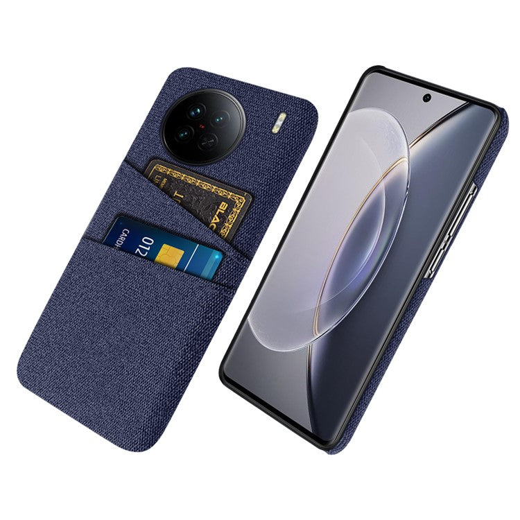 For vivo X90 5G Anti-scratch Cloth Texture Phone Case Protective PC Cover with Dual Card Slots - Blue