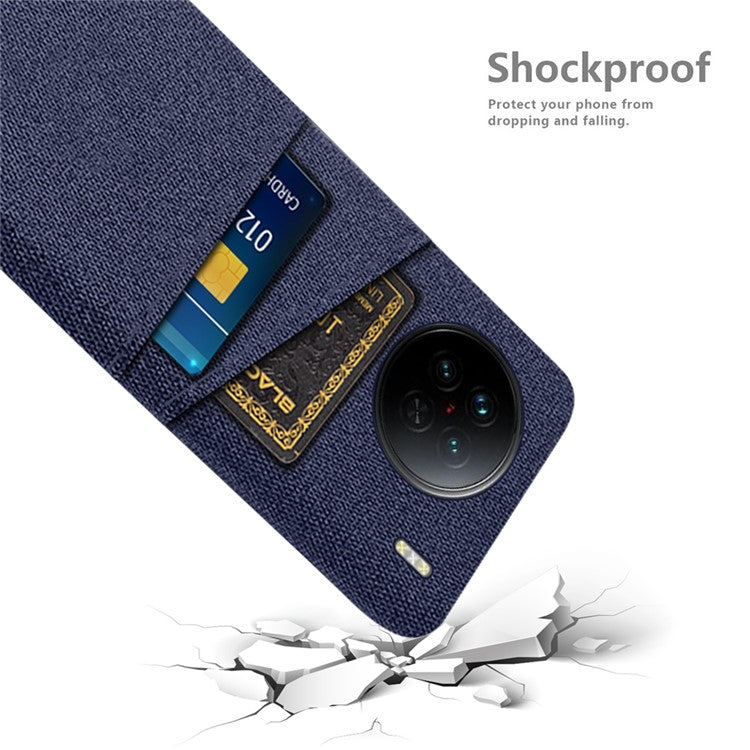 For vivo X90 5G Anti-scratch Cloth Texture Phone Case Protective PC Cover with Dual Card Slots - Blue