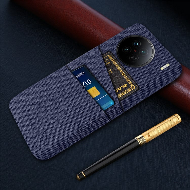 For vivo X90 5G Anti-scratch Cloth Texture Phone Case Protective PC Cover with Dual Card Slots - Blue