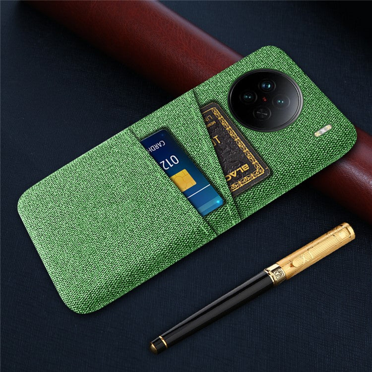 For vivo X90 5G Anti-scratch Cloth Texture Phone Case Protective PC Cover with Dual Card Slots - Green