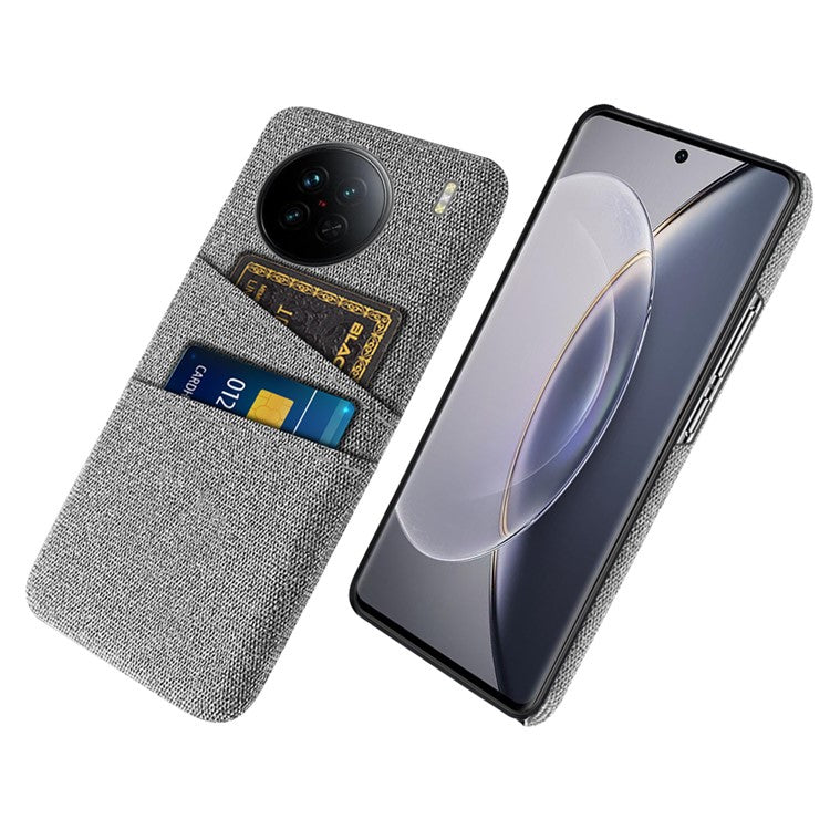 For vivo X90 5G Anti-scratch Cloth Texture Phone Case Protective PC Cover with Dual Card Slots - Light Grey