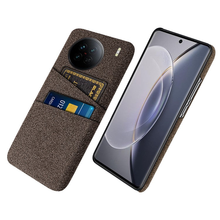 For vivo X90 5G Anti-scratch Cloth Texture Phone Case Protective PC Cover with Dual Card Slots - Brown