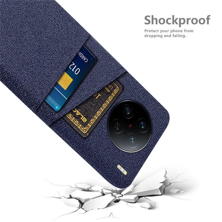 For vivo X90 Pro 5G Cloth Texture Dual Card Slots Hard PC Cover Drop-proof Protection Phone Case - Blue