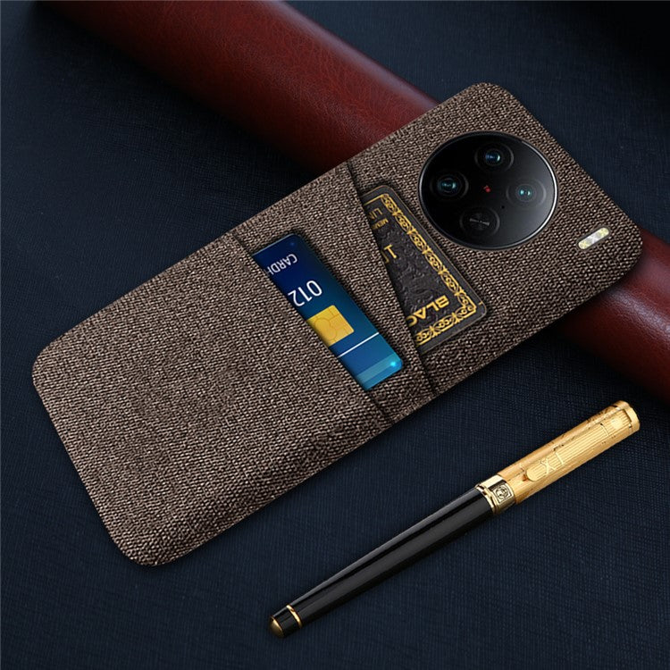 For vivo X90 Pro 5G Cloth Texture Dual Card Slots Hard PC Cover Drop-proof Protection Phone Case - Brown