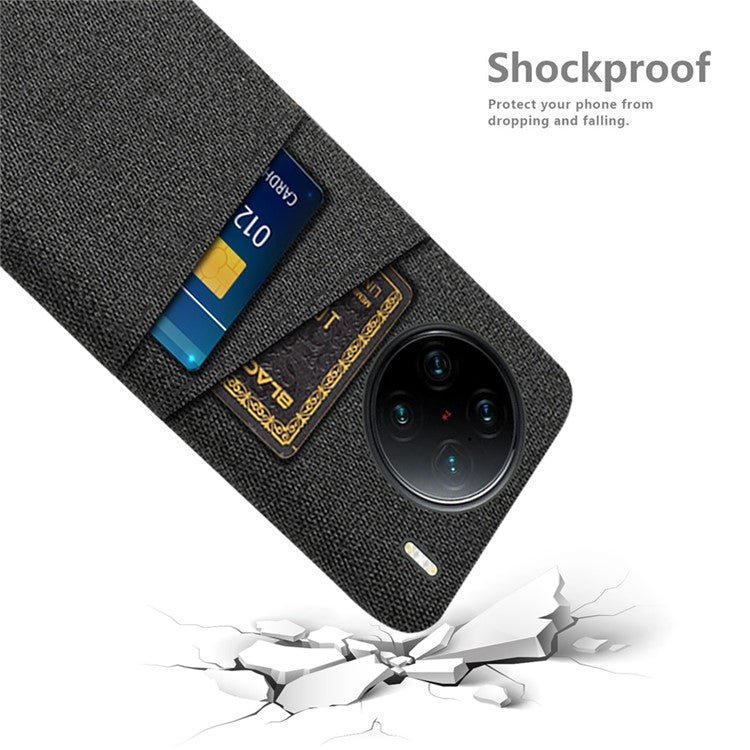 For vivo X90 Pro+ 5G Anti-drop Cloth Texture Phone Case Hard PC Cover with Dual Card Slots - Black