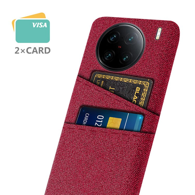 For vivo X90 Pro+ 5G Anti-drop Cloth Texture Phone Case Hard PC Cover with Dual Card Slots - Red