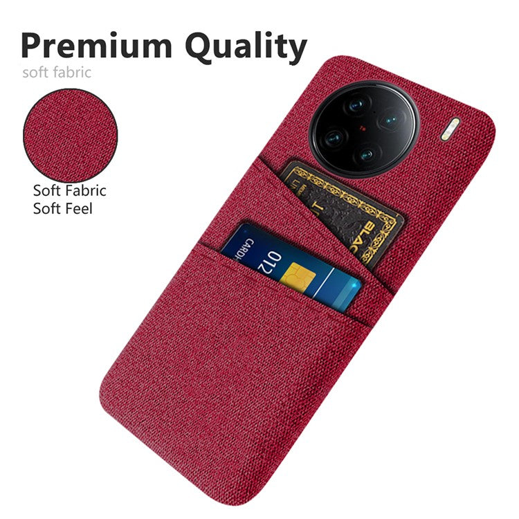 For vivo X90 Pro+ 5G Anti-drop Cloth Texture Phone Case Hard PC Cover with Dual Card Slots - Red