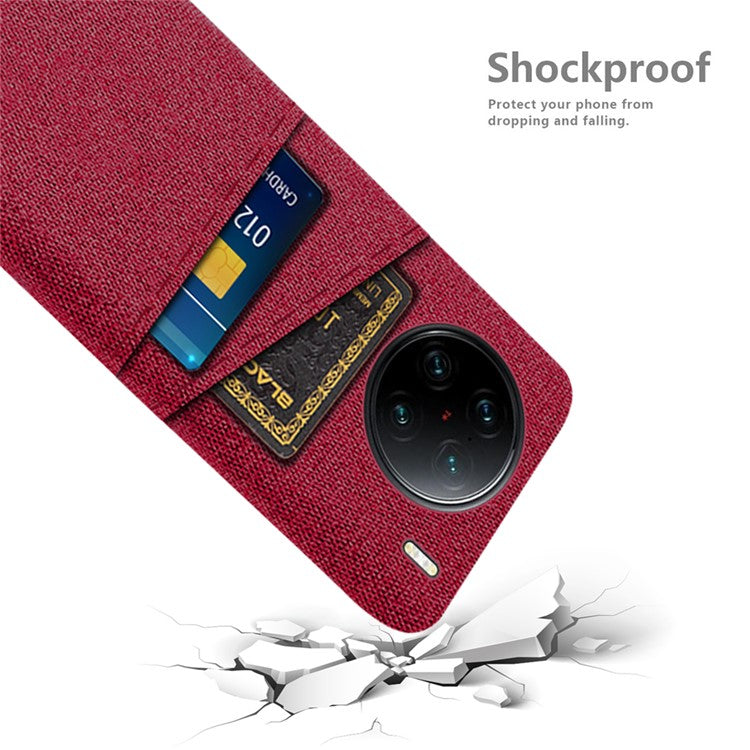 For vivo X90 Pro+ 5G Anti-drop Cloth Texture Phone Case Hard PC Cover with Dual Card Slots - Red