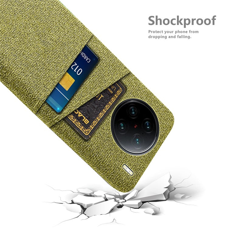 For vivo X90 Pro+ 5G Anti-drop Cloth Texture Phone Case Hard PC Cover with Dual Card Slots - Yellow