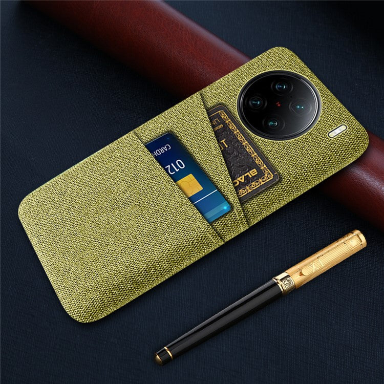 For vivo X90 Pro+ 5G Anti-drop Cloth Texture Phone Case Hard PC Cover with Dual Card Slots - Yellow