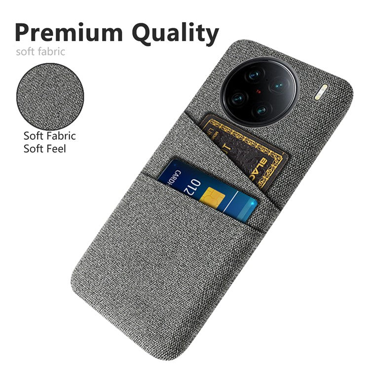 For vivo X90 Pro+ 5G Anti-drop Cloth Texture Phone Case Hard PC Cover with Dual Card Slots - Grey