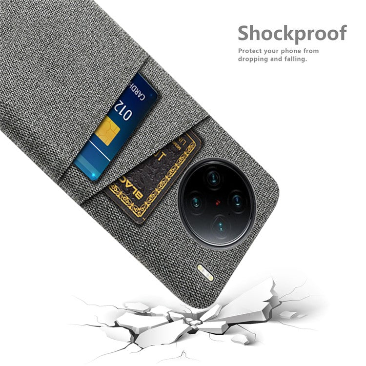 For vivo X90 Pro+ 5G Anti-drop Cloth Texture Phone Case Hard PC Cover with Dual Card Slots - Grey