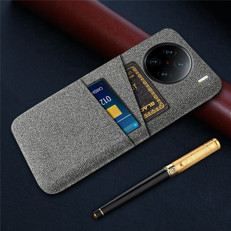 For vivo X90 Pro+ 5G Anti-drop Cloth Texture Phone Case Hard PC Cover with Dual Card Slots - Grey