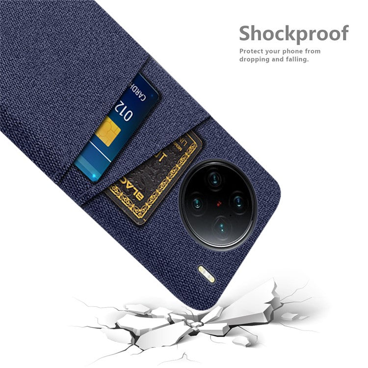 For vivo X90 Pro+ 5G Anti-drop Cloth Texture Phone Case Hard PC Cover with Dual Card Slots - Blue