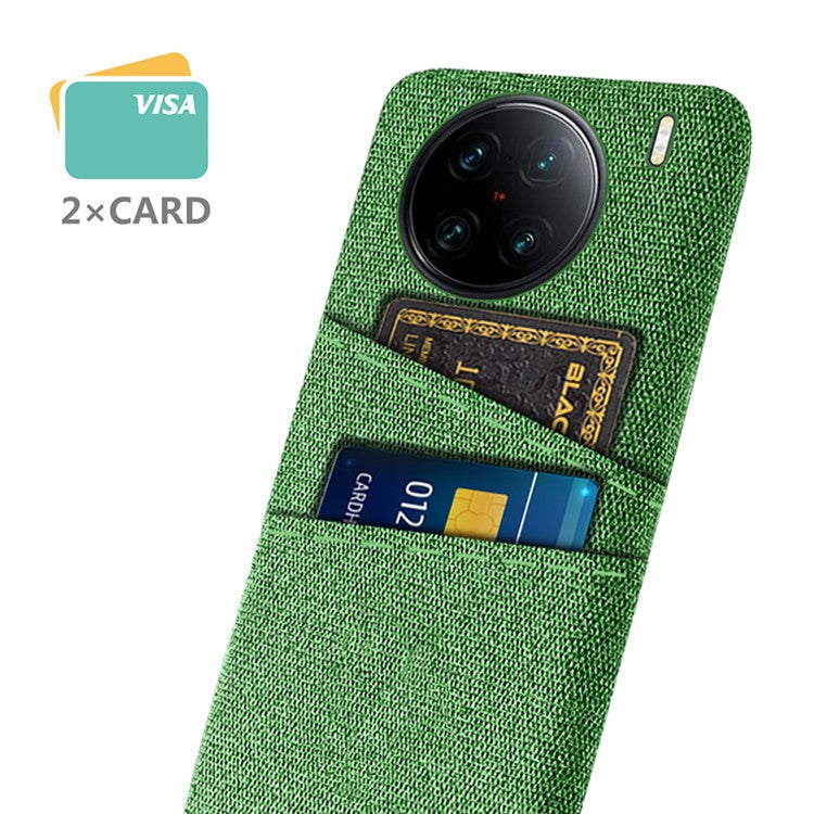 For vivo X90 Pro+ 5G Anti-drop Cloth Texture Phone Case Hard PC Cover with Dual Card Slots - Green