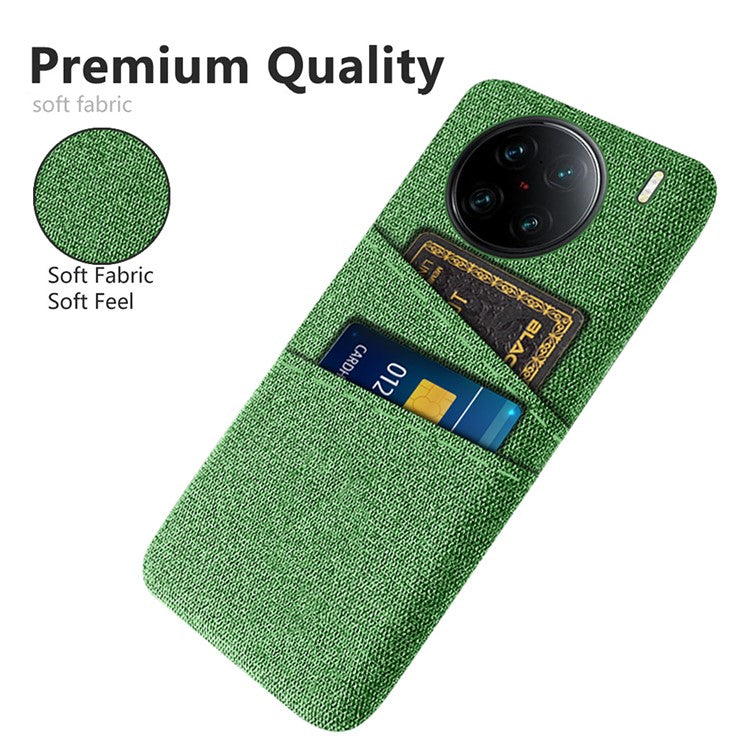 For vivo X90 Pro+ 5G Anti-drop Cloth Texture Phone Case Hard PC Cover with Dual Card Slots - Green