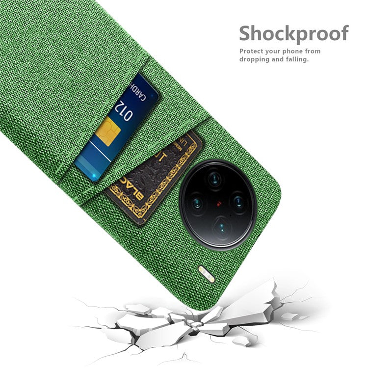 For vivo X90 Pro+ 5G Anti-drop Cloth Texture Phone Case Hard PC Cover with Dual Card Slots - Green