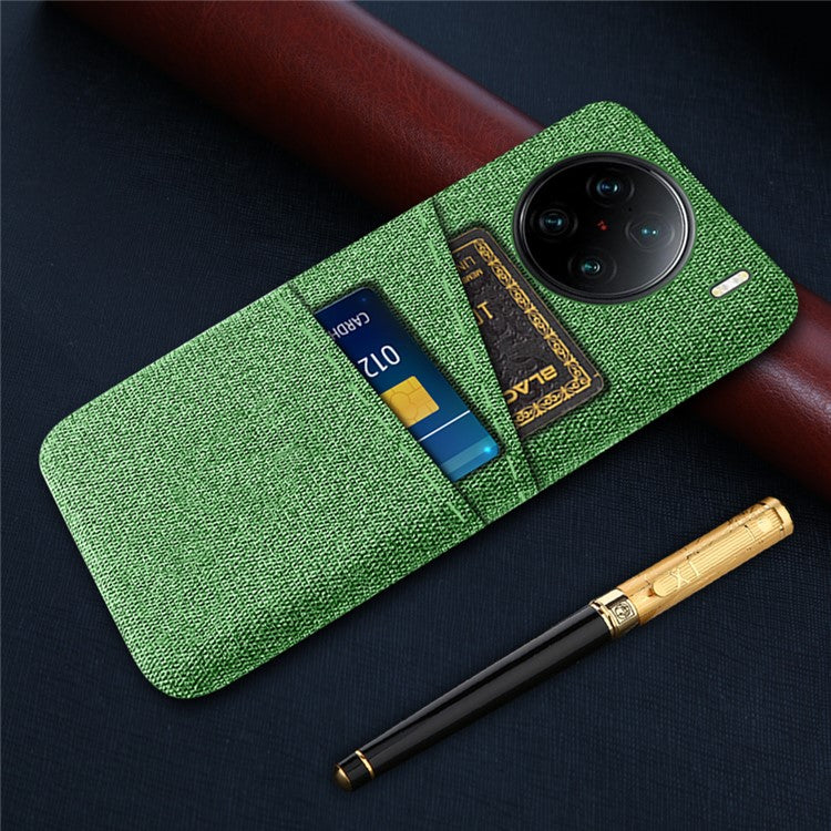 For vivo X90 Pro+ 5G Anti-drop Cloth Texture Phone Case Hard PC Cover with Dual Card Slots - Green