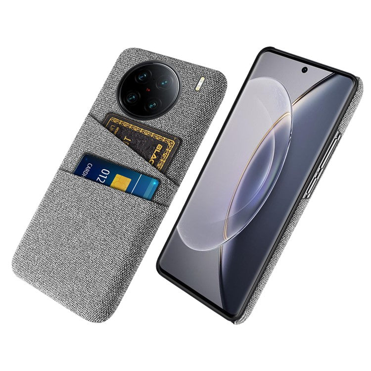 For vivo X90 Pro+ 5G Anti-drop Cloth Texture Phone Case Hard PC Cover with Dual Card Slots - Light Grey