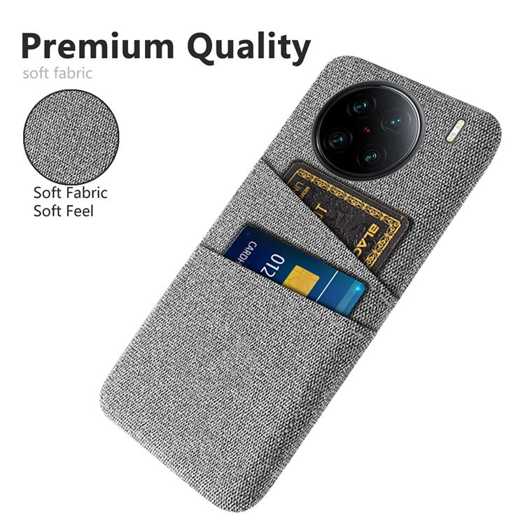 For vivo X90 Pro+ 5G Anti-drop Cloth Texture Phone Case Hard PC Cover with Dual Card Slots - Light Grey