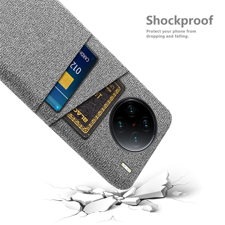 For vivo X90 Pro+ 5G Anti-drop Cloth Texture Phone Case Hard PC Cover with Dual Card Slots - Light Grey