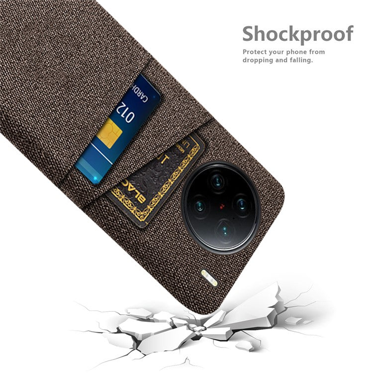 For vivo X90 Pro+ 5G Anti-drop Cloth Texture Phone Case Hard PC Cover with Dual Card Slots - Brown