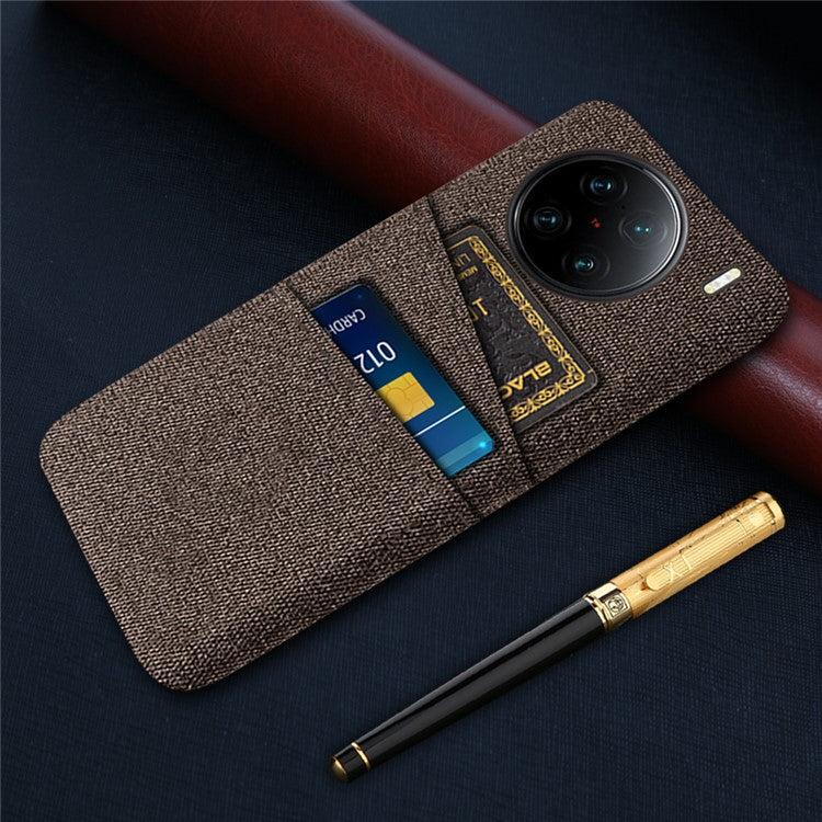 For vivo X90 Pro+ 5G Anti-drop Cloth Texture Phone Case Hard PC Cover with Dual Card Slots - Brown