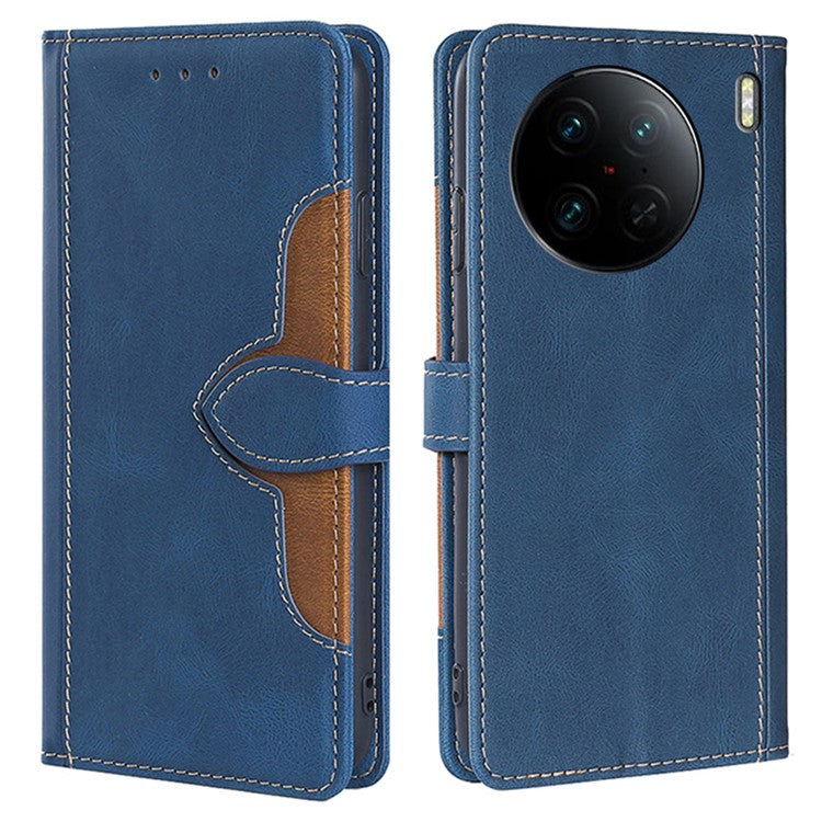 For vivo X90 Pro 5G Straw Hat Pattern PU Leather Stand Case Skin-touch Feeling Magnetic Clasp Wallet Phone Cover - Blue