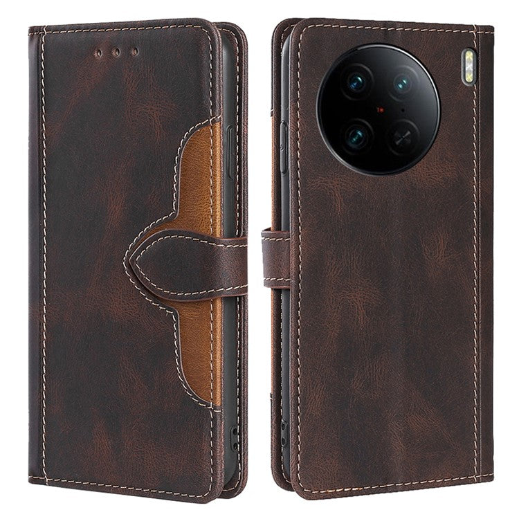 For vivo X90 Pro 5G Straw Hat Pattern PU Leather Stand Case Skin-touch Feeling Magnetic Clasp Wallet Phone Cover - Brown