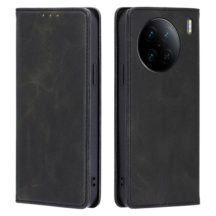 For vivo X90 Pro 5G Calf Texture PU Leather Magnetic Auto-absorbed Phone Case Full Protection Inner TPU Cover with Wallet Stand - Black