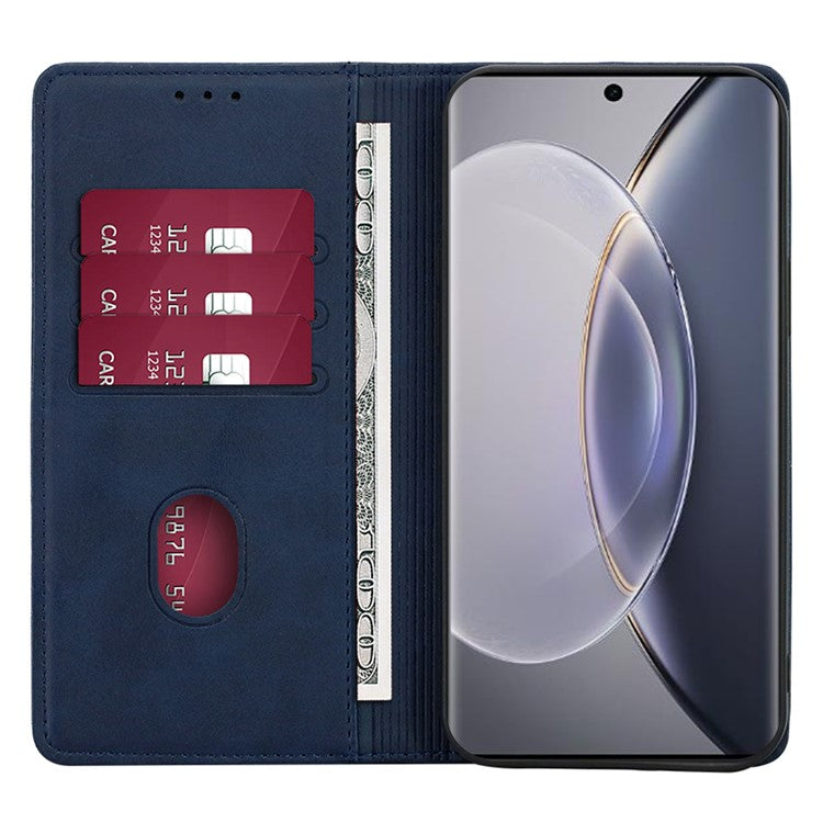 For vivo X90 Pro 5G Calf Texture PU Leather Magnetic Auto-absorbed Phone Case Full Protection Inner TPU Cover with Wallet Stand - Blue